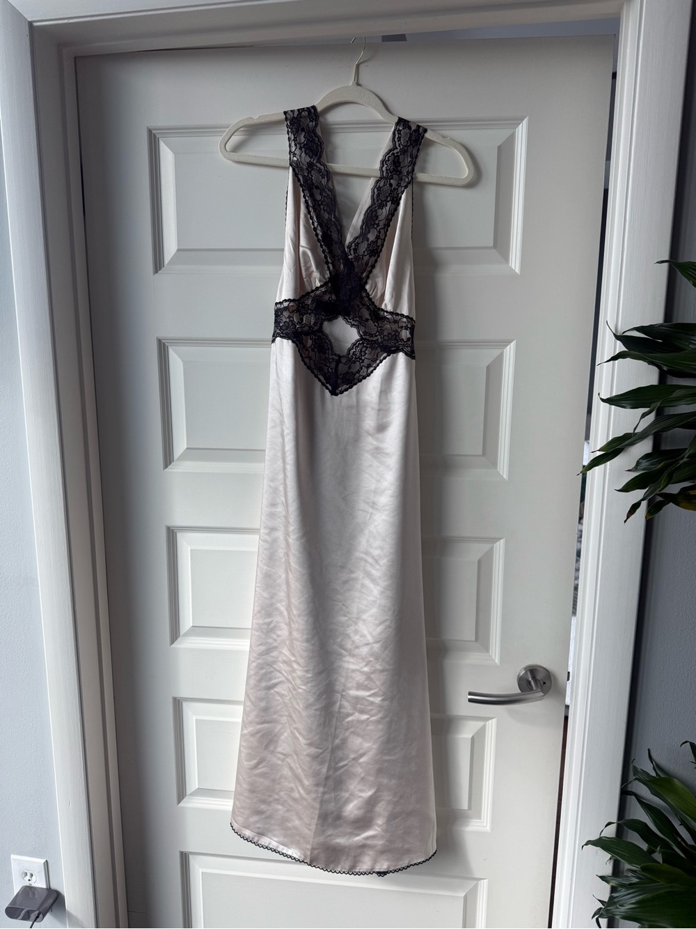 Lace-Trim Satin Maxi Dress in Cream with Black Lace
